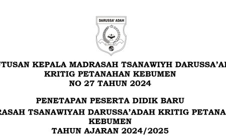 PENGUMUMAN DAFTAR PESERTA DIDIK BARU MTs DARUSSA'ADAH TAHUN AJARAN 2024/2025